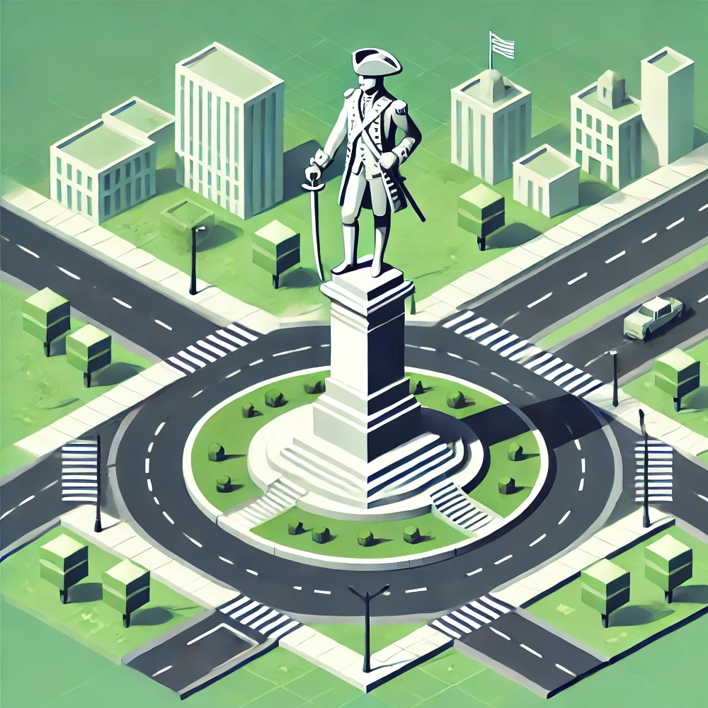 An isometric image of a roundabout in Washington DC with a colonial figure monument in the center.